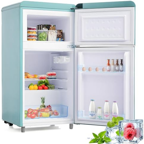 Frigorífico retro de dos puertas, superior e inferior, 72 litros de volumen total y 21 litros de congelador, 120 kWh/año, luz LED, clase energética E,Blue