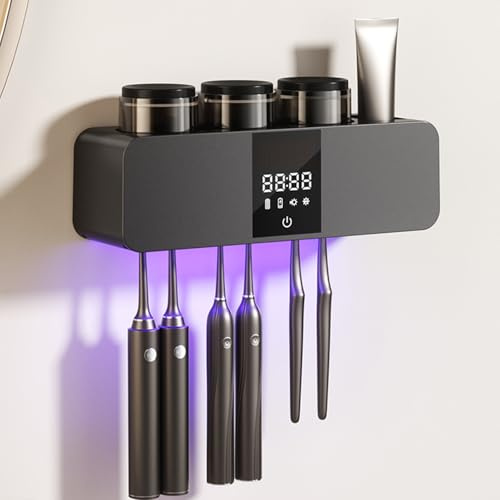 Electric Toothbrush Holder, UV Toothbrush Sanitizer Holder with Light Toothpaste Dispenser and 3 Cups, Wall Mount Toothbrush Holder Organizer for Home Bathroom Accessories