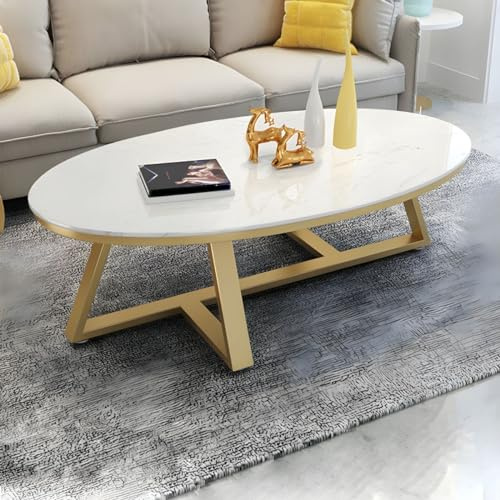 HanDpi Ovaler Couchtisch aus nordischem Kunstmarmor – weiße Platte, Goldener Fuß – 47 L x 24 B x 18 H