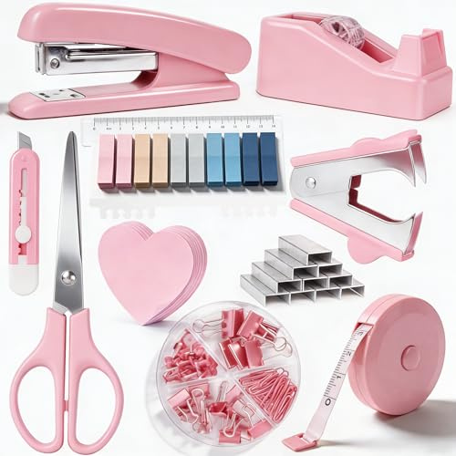 Büroartikel Set, Schreibtisch Set, Schreibtischzubehör 10 Kit, Mit Entklammerer,1 Schachteln von 1000 Heftklammern,Abroller, Schere, Bandmaß, Allzweckmesser, Clip, Haftnotizen