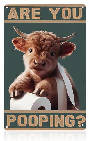 BEZHO Highland Cow Are You Pooping Metal Sign 20x30cm Vintage Funny Highland Cow Metal Tin Sign Bathroom Wall Decor Accessories Toilet Wall Art Metal Plaque for Home Washbasins Balcony Bathroom