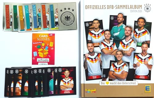 Bundle mit Komplett Set : Alle 72 Sammelkarten + Offizielles Panini DFB Sammelalbum - Hardcover Edeka Edition 2026 + 10 sefrado Sleeves
