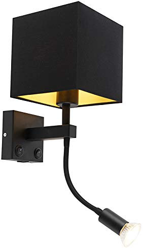 Qazqa - Moderne Wandleuchte schwarz mit USB und quadratischem Schwarzschirm - Zeno I Wohnzimmer I Schlafzimmer - Stahl Quadratisch I Würfel - LED geeignet E27