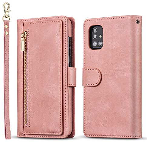 QLTYPRI Hülle für Samsung Galaxy A51, Premium Leder Handyhülle mit Große Kapazität Kartenfach Ständer Multifunktionale Schutzhülle Kompatibel mit Samsung Galaxy A51 - Rosegold