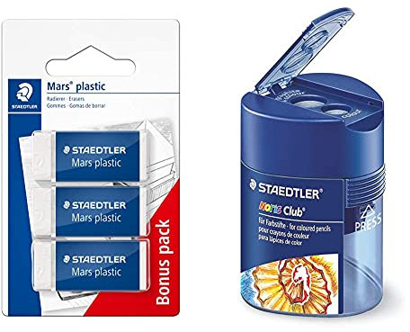 STAEDTLER 526 53 ABK3D Radierer Mars plastic mini phtalat + 512 128 Doppelspitzdose Noris Club, Dreikant, Anspitzer Blautransparent