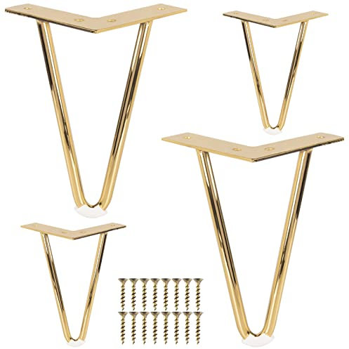 TCHOSUZ 6 Inch / 15cm Hairpin Legs, Set of 4 Metal Heavy Duty Furniture Legs with Rubber Floor Protectors & Screws for DIY Cabinet Sofa Couch Cabinet Chair Nightstand Gold