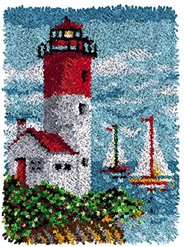 SKTWOE Knüpfteppich DIY Leuchtturm Tapisserie Teppich Zum Selber Knüpfen Knüpf-Sets Knüpfen Set Kreuzstich Set Für Kinder Und Erwachsene Handwerk Geschenke 52Cmx38cm