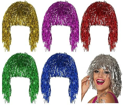 JJYHEHOT 6 Stück Folie Lametta Perücke, Perücke Fasching Perücken Metallic Bunte Cosplay Peruck lustige Discokugel Kostüm Accessoires für Karneval Halloween Thema Party (6 Farben)