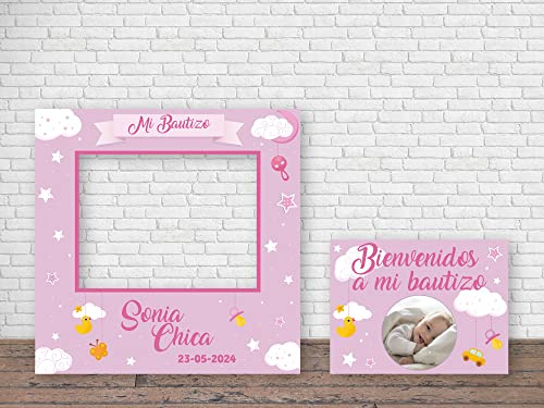 Oedim Photocall Infantil Mi Bautizo Rosa Personalizado + Cartel, Eventos o Celebraciones puntuales, 100x100cm, Ventanas Troqueladas, Divertido