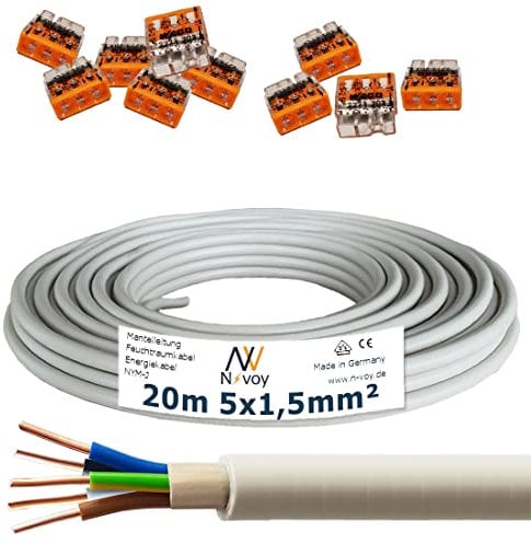 NYM-J 5x1,5 mm² 20m Mantelleitung Installationskabel mit 10 Stück WAGO Klemmen M94