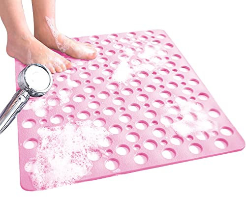 Venuso Square Shower Mats Non Slip Anti Mould, 43 x 75 cm Rubber Anti Slip Bath Mat with Drain Holes, Machine Washable, Pink