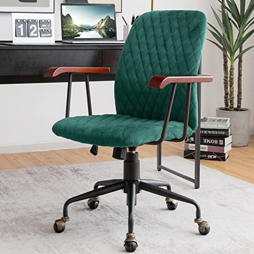 CASART Velvet Desk Chair, Ergonomic Swivel Office Armchair with Wheels & Rocking Function, Height Adjustable Comfy Chair Accent Chairs for Home Office (Green)