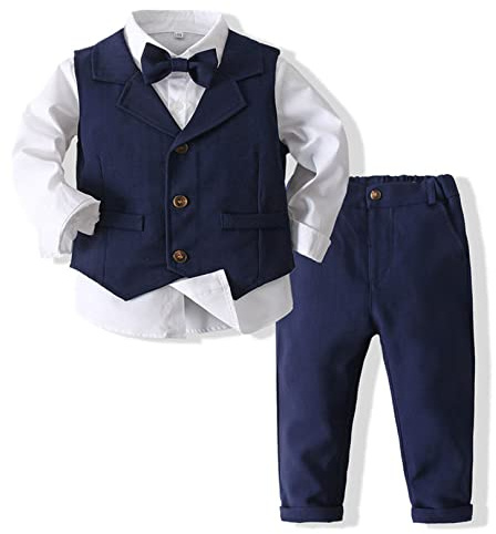 Msemis småbarn pojkar 4 stycken gentleman smoking outfit långärmad skjorta väst byxor slips för festlig dop bröllop