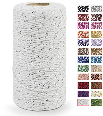 LEREATI Kordel Silber und Weiß Bindfaden 2mm x 100m Baumwollfaden Bäckergarn Küchengarn Bastelschnur Paketschnur Dekokordel für DIY Kunstgewerbe Gartenarbeit Geschenke Verpacken Weihnachten
