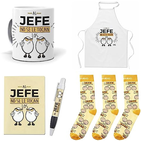 Que Regalar para Jefes. Al Jefe no se le tocan los Huevos. Taza,Delantal, libreta, boli y Trio de Calcetines