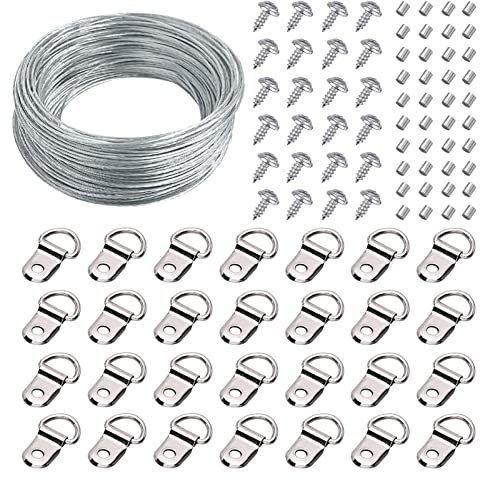 Picture Hanging Wire 30m, Picture Frame Hanging Kit Heavy Duty Wire with D Ring Hangers and Crimping Loop Sleeves Steel Rope for Mirror Clock
