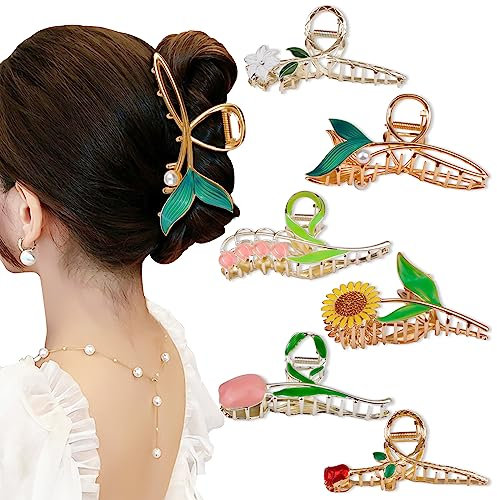 HAOTIAN-X - Set di 6 clip per capelli in metallo, colore oro carino artiglio per capelli, grande girasole tulipano per tenere i capelli mascella, mollette antiscivolo floreali per tenere clip, clip