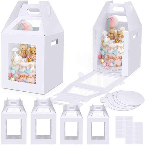 Naleyber Tall Cake Boxes with Window and Cake Boards in 2 Sizes 10x10x12 & 12x12x14 Inches Tier Cake Carrier, Large Bakery Boxes Disposable Cake Containers for 12 and 14 Tall Tiered Cakes (Pack 4)