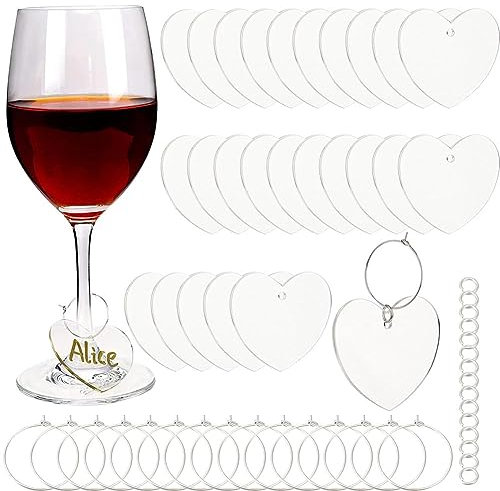 SUNNYCLUE 1 Box 30 Set Wine Glass Charms Arylic Drink Tags Drink Charms Bulk Heart Shaped Drink Markers Clear Wine Glass Name Tags for Party Christmas Wedding Valentines Day Favors Family Gathering
