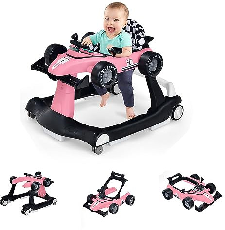 GOPLUS Trotteur Bébé Garçon Fille, 4 en 1 avec 3 Hauteurs Réglables, Pliable avec Musique et Lumière, Charge 15KG, pour 6-18 Mois (Rose Clair)