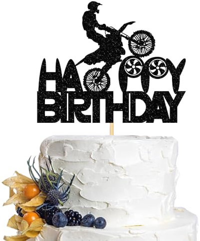 Dcokska Dirt Bike Birthday Cake Topper - Black Glitter Motocross Decoration for Boys/Men Sports Theme Dinner/Birthday Party Supplies