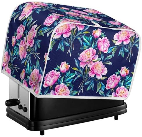 Kuiaobaty Copertura per tostapane a 2 fette di peonia rosa, motivo floreale, per piccoli elettrodomestici da cucina, blu navy
