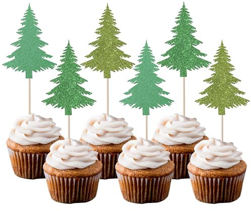 Rsstarxi 24 Pack Christmas Tree Cupcake Toppers Glitter Watercolor Assorted Xmas Green Christmas Cupcake Picks for Winter Holiday Baby Shower Birthday Christmas Party Cake Decorations