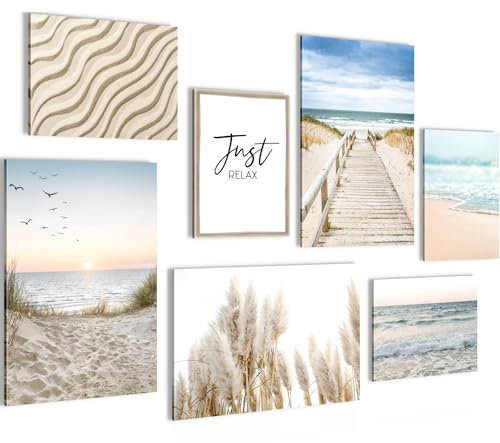 Novart Wandbilder Strand und Meer - KOMPLETT AUFHÄNGFERTIG - Nordsee Wohnzimmer Schlafzimmer Flur - 7 Moderne Mood-Bilder - N004872a