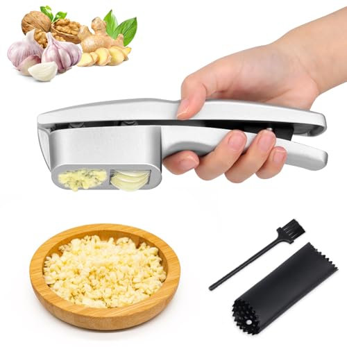 VFANDV 2 in 1 Knoblauchpresse Edelstahl, Knoblauchpressen Knoblauchpüree und Knoblauchflocken Garlic Press Rutschfester Griff mit Knoblauchschäler und Reinigungsbürste Knoblauchschneider