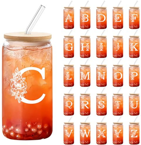 DETENE 550ML Buchstabe Glasbecher Gläser mit Deckel und Strohhalm Eiskaffee Gläser Monogrammierte Initialen Geschenke für Frauen und Männer zum Geburtstag Weihnachten Geburtstagsgeschenke (C)