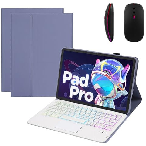 GUPENAA Funda con Teclado para Lenovo Tab P12 Pro 12.7 TB371FC (2023), Contiene Ñ, 7 Colores Retroiluminados, Teclado Bluetooth Inalámbrico Magnético Desmontable con Ratón,Púrpura