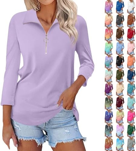 Polo Shirts for Women UK, Womens Ladies Premium Polo Shirt 2024 Autumn Long Sleeve Lapel Casual Quarter-Zip Cotton Classic Outdoor Sport Golf Tennis T-Shirts Tops(3#Purple,XL)