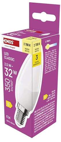 EMOS LED Lampe Candle, 2,5W Ersatz für 32W Glühbirne, Kerzenlampe mit E14 Sockel, Helligkeit 350 lm, Warmweiß 2700 K, 30000 h Lebensdauer, CRI min. 80, 240° Abstrahlwinkel