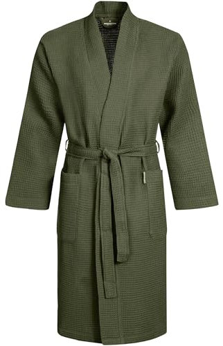 Morgenstern Peignoir Homme Coton Été Lux Gaufré Piqué Robe de Chambre Waffle Spa Piscine Léger Vert-Olive XXL Taille 60 62