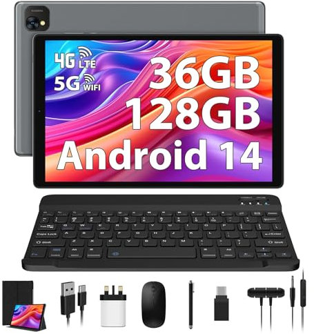 LINROM Tablet 10 Inch 4G lte and 5G WiFi, Android 14.0 Octa-Core 2.0GHz, 36GB RAM, 128GB ROM(1TB Expandable), 1980 * 1200FHD, 13MP+8MP, Tablet with Keyboard etc, GPS/Bluetooth (Gray)