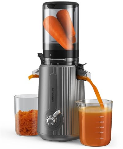 ACOQOOS Entsafter, Entsafter Gemüse und Obst with 110MM Einfüllöffnung, Leicht zu Reinigen Slow Juicer Machine with 2 Cups Silbergrau