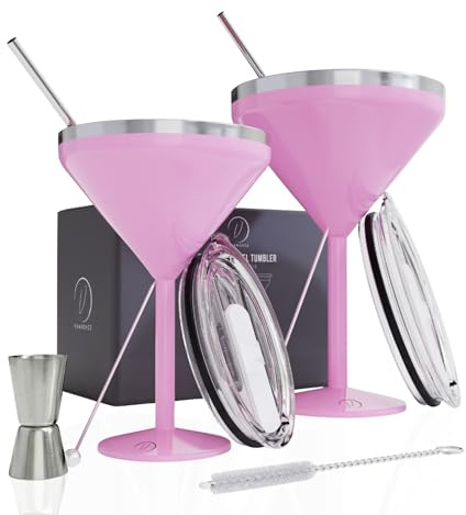vaanshie 8 oz. Vacuum Sealed Martini Glass - Stainless Steel Martini Glass, Insulated Tumbler with Straws, Olive Pins, Straw Cleaner, Insulated Glass for Travelling | Drinkware (Pink)