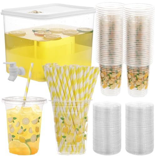 151 Pcs Lemonade Stand Supplies Include 8.5L Plastic Drink Dispenser with Spigot 50 Sets Lemonade Cups with Lids and Paper Straws,17oz Disposable Iced Coffee Plastic Cup for Water Lemonade Juice