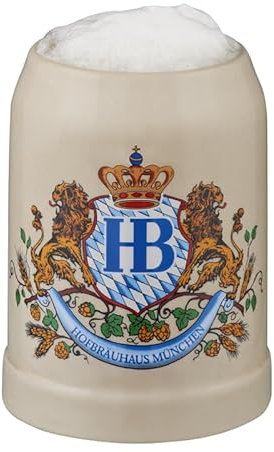 Hofbräuhaus München Stein Bierkrug Löwendekor ohne Zinndeckel 0,5 L | Original Maßkrug | Bierglas mit HB Logo, Geschenkidee für Herren und Damen (ohne Zinndeckel, 0,5 Liter (1 Stück))