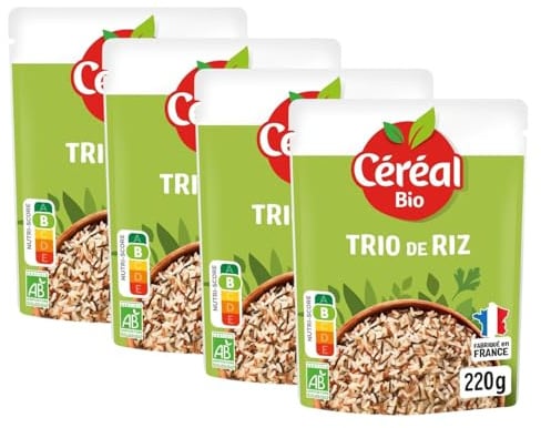 CÉRÉAL BIO – Trio de Riz – Mélange de Riz Bio Nature – Recette Végane – Plat Cuisiné Bio Individuel – Repas Prêt à Réchauffer en 2 min – Nutriscore B – 220 g
