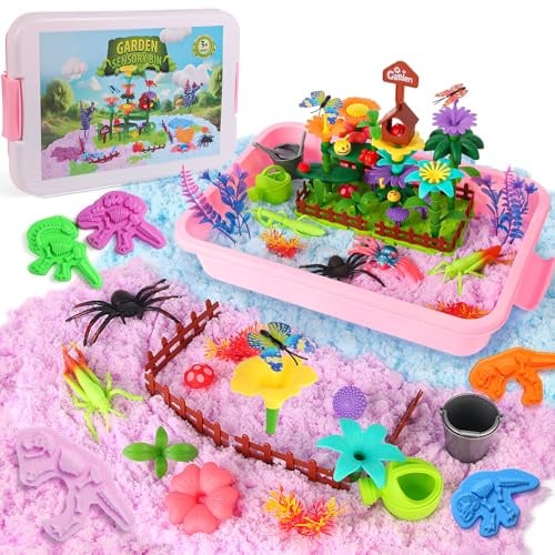 FIIOEOY Play Sand for Kids Flower Garden Toys Sandbox with Sensory Sand Flower Building Blocks Set Realistic Insects Sandbox Toys for Boys Girls 3 4 5 6 7 8 Year Old Sensory Bin