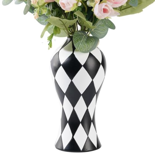 Schwarz -Weiß -Karierte Vase - Schwarz -Weiß -Keramik -Vase | Keramikschwarz - gestreifte | Hohe Bodenvase | Wohnzimmer-Handgefertigter dekoratives Design | - -Harz - Contai