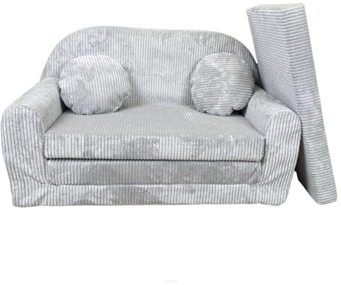 FORTISLINE - Kindersofa Rosalia - Klappsofa mit Verlängerung aus Cord - Schlafcouch 100 x 60 x 50 cm - Ausklappbares Sofa mit 2 Kissen - Oeko-TEX Zertifiziert - in 7 Farben - Hellgrau