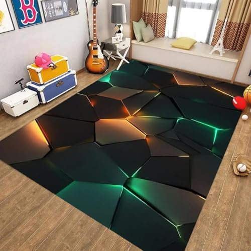 Gemütlicher Gaming-Teppich für Jungenzimmer, rutschfestes, sechseckiges 3D-Muster mit Neonlichtern, waschbarer, dekorativer Teppich für Spielzimmer, Teenager und Kinder (Gelbgrün, 150 x 240 cm)