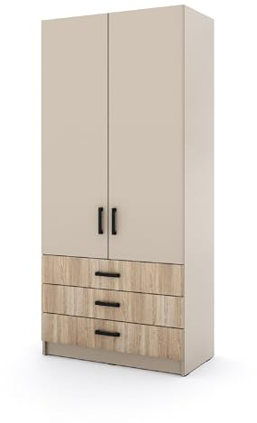 Marlux-Meble Kleiderschrank Sigma 90 cm breit mit 2 Drehtüren und 3 Schubladen Korpus in Kaschmir Schlafzimmerschrank Kinderzimmerschrank Systemschrank (Türen-Kaschmir, Schubladen-Sonoma-Eiche)