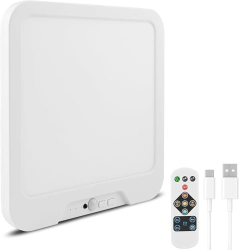 Oumida LED Plafoniera Sensore di Movimento 3000K 4500K 6000K, Quadrato Lampade Senza Fili con Batterie USB, Luce con Telecomando per Cucina Garage Esterno Corridoio Parete Balcone (21.5 * 21 * 15cm)