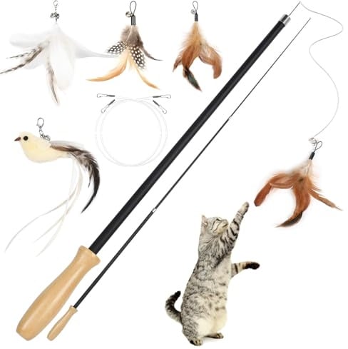 Cozary Jouet Chat, 5 Pièces Jouet Chat Interactif Intérieur,Jouet Chaton avec 1 Oiseaux et 3 Plumes de Remplacement avec Cloche,Canne à Pêche Rétractable avec Poignée en Bois pour Chats et Chatons