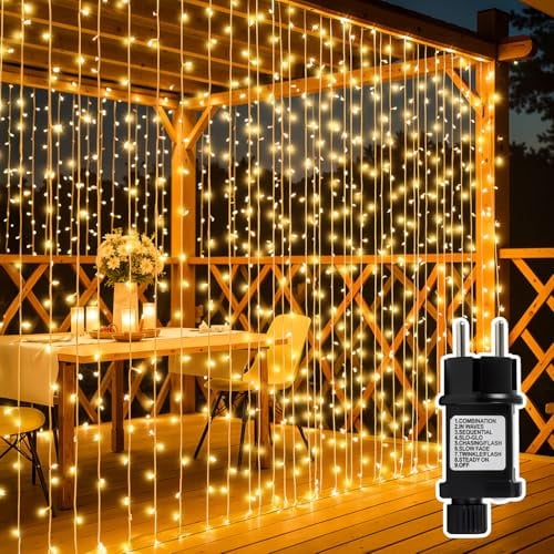 Focxoio LED Lichtervorhang 6×3m 600LED Lichterkette Vorhang Außen mit 8 Modi, Speicher und Timerfunktion, Wasserdicht Lichtervorhang Innen für Weihnachten Hochzeit Party Deko, Warmweiß