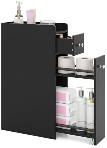 COSTWAY Slim Bathroom Floor Cabinet, Narrow Bathroom Storage Unit with Slide Out Drawers on Wheels, Wooden Freestanding Compact Cupboard Toilet Paper Organiser for Small Spaces (Black)