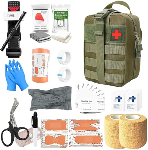 Trousse de Secours Tactique 49 Accessoires - Kit de Survie Médical pour Activités en Plein Air, Moto, Escalade et Bivouac - Sacoche de Premiers Soins Portable et Résistante(Vert)